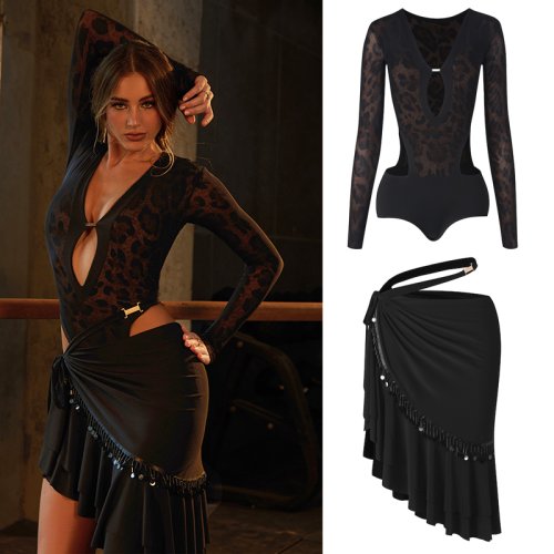 Immagine di Abito da Ballo Latino Donna con Scollo a V, Top Leopardato e Gonna con Paillettes, Maniche Lunghe per Pratica e Competizione Rumba, Cha-Cha, Abito da Danza NV25549