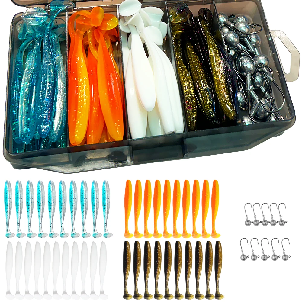 Immagine di 50 Pz/scatola Metallo Jig Bait 5.5 centimetri 7 centimetri 10 centimetri Richiamo Morbido 3g 5g 7g 10g 14g Jigging Testa Gancio Scatola di Pesca Pesca Swimbait Affondamento Richiamo Kit