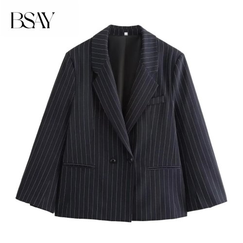 Imagen de Blazer para Mujer Moda Otoño-Invierno, Chaqueta Elegante con Rayas Finas, Manga Larga, Corte Suelto y Doble Botonadura, Traje Femenino Formal y Estiloso