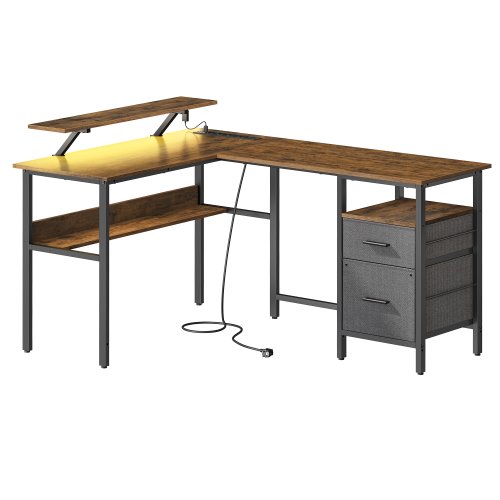 Image of VASAGLE L-Shaped Desk with Sockets, Corner Desk, Computer Desk, Monitor Stand, Gaming Table, LED Lighting, USB Ports