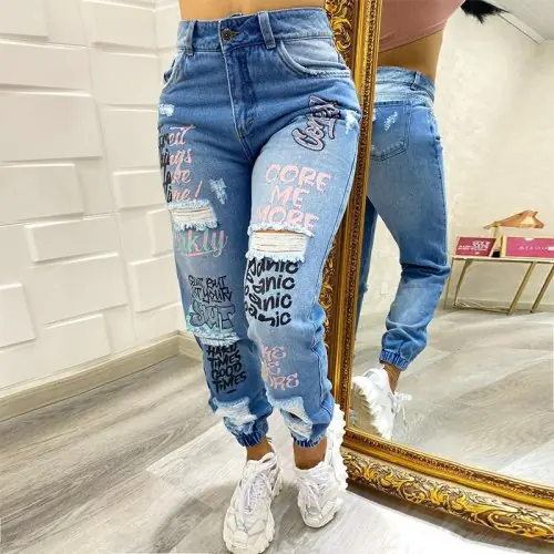 Image de Jean Femme Slim Imprimé Trous - Coupe Crayon Longueur Cheville