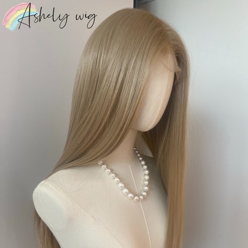 Bild von Lange gerade synthetische Perücke mit Spitzenfront 66 cm – Ashblonde Farbe, 13x4 Lace Front, hochtemperaturbeständige Fasern für Cosplay und Alltag