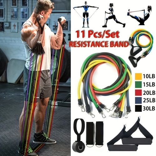 Immagine di Set Completo da 11 Pezzi con Fasce Elastiche per Allenamento, Cinturini per Caviglia e Espansore Toracico – Attrezzatura Portatile per Fitness e Allenamenti a Casa