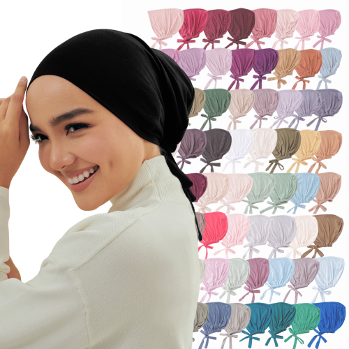 Imagen de Gorro Interior para Hijab en 82 Colores - Undercap de Algodón y Licra Elástica para Mujer Musulmana, Modelo Tie-Back con Diseño Liso y Cómodo