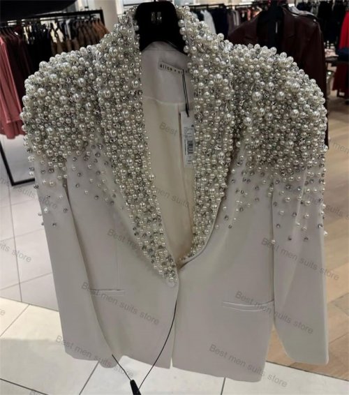 Immagine di Elegante Abito Donna con Perle Bianche – Set Giacca e Pantaloni