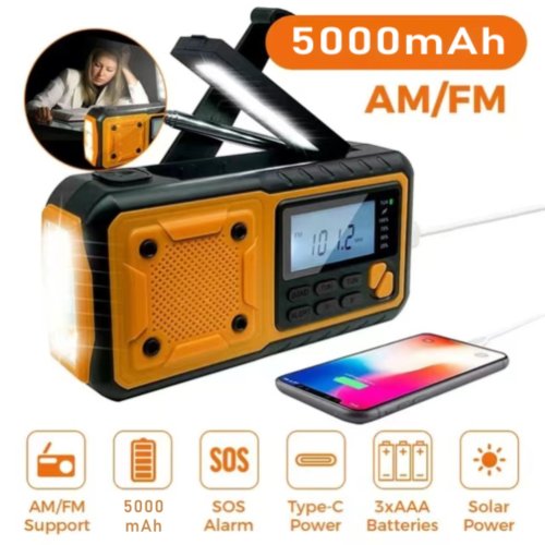 Zdjęcie Przenośne Radio Awaryjne 5000mAh z Ładowaniem Słonecznym i Ręczną Korbą – AM/FM/SW, Latarka LED, Power Bank