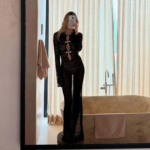 Imagen de 2025 vestido de punto sin espalda cubrir para mujer 2025 vestido de playa de verano con abertura larga Bikinis cubrir ahuecado vestido de vacaciones Sexy