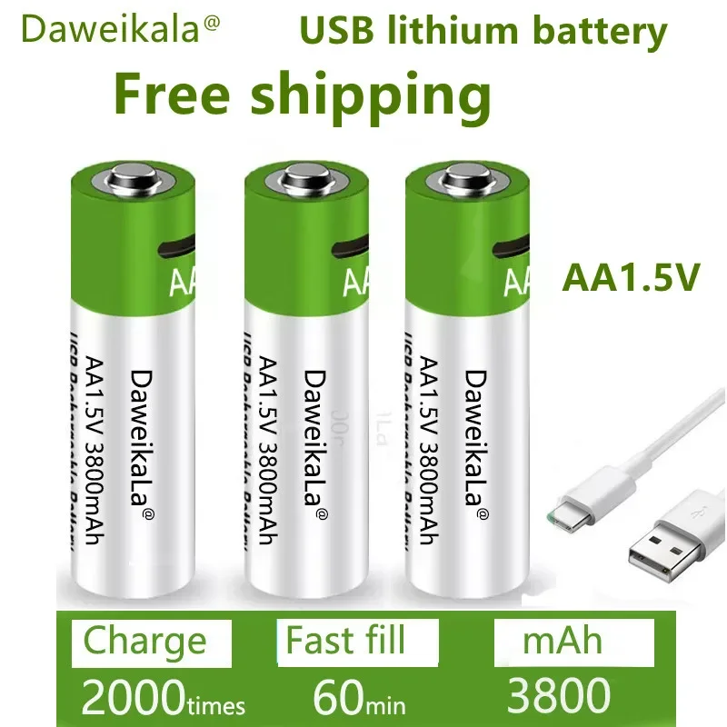Afbeelding van Snelle Oplaadbare 1.5V AA Lithium-Ion Batterij met 3800mAh Capaciteit – USB Oplaadbaar voor Speelgoedtoetsenborden en Meer