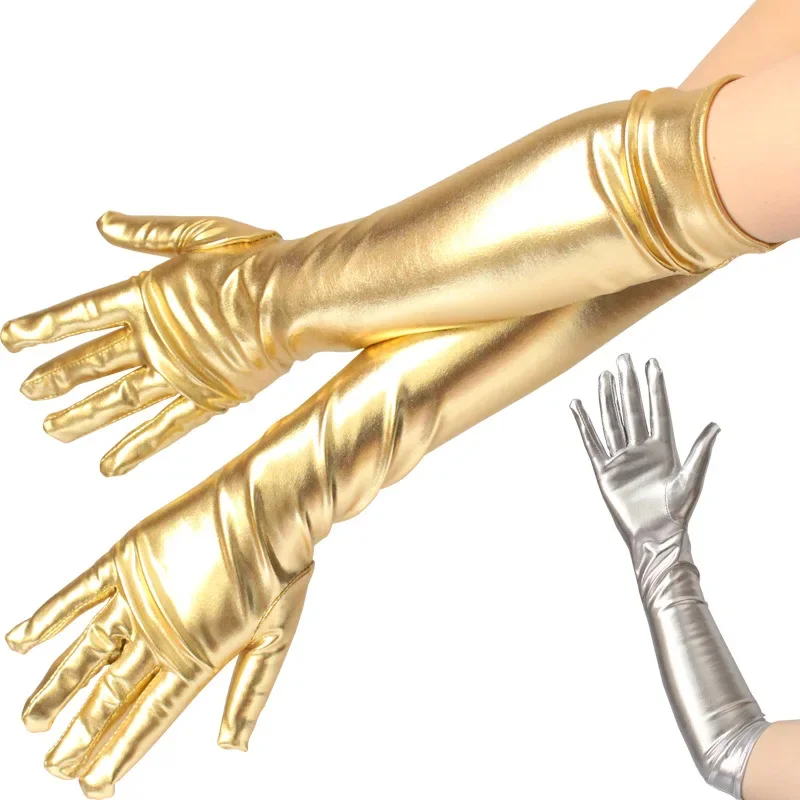 Afbeelding van Lange Gecoate Handschoenen in Goud en Zilver - Glanzend Leer voor Stijlvolle Podiumprestaties en Y2K Fashion