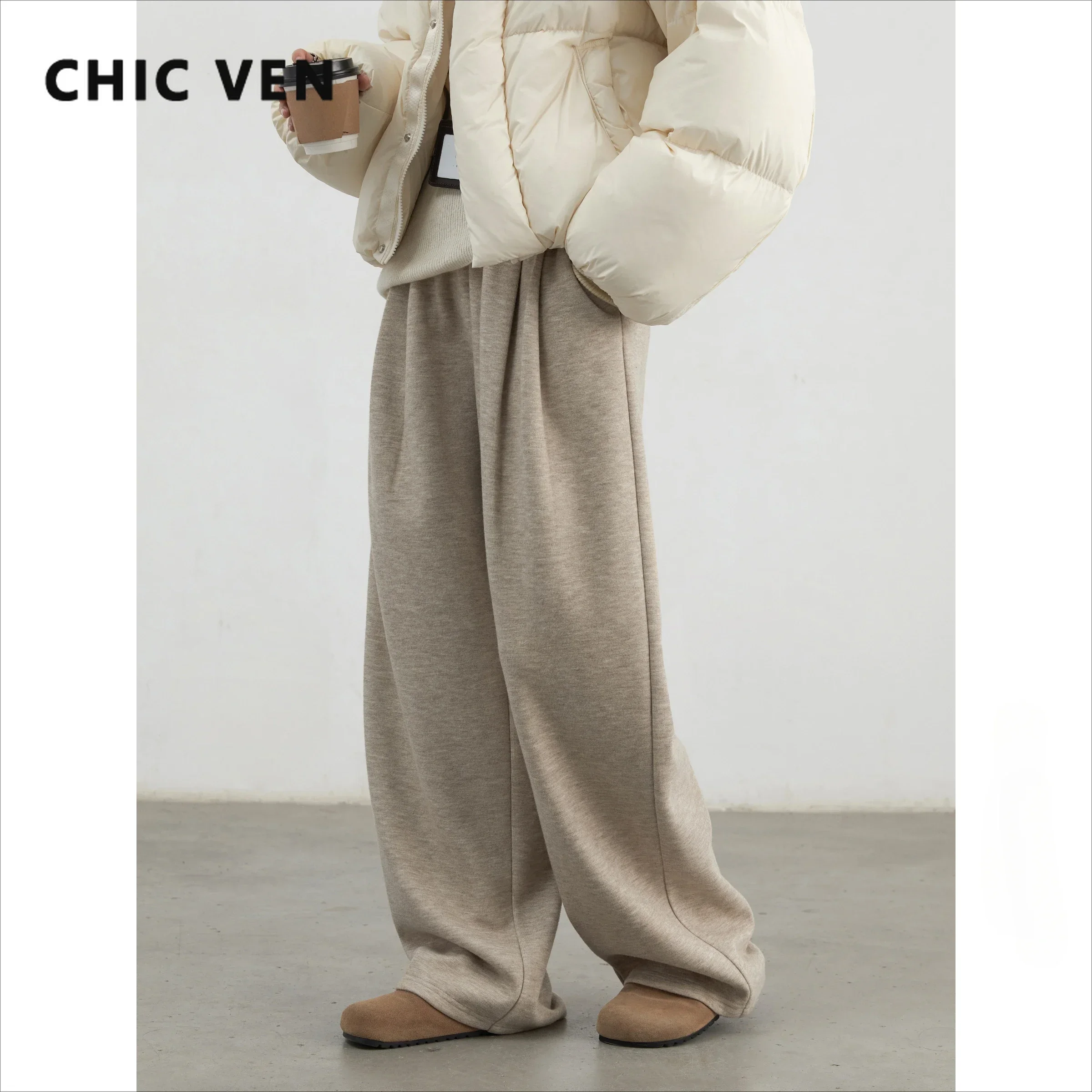 Imagen de Pantalones de Pierna Ancha para Mujer, Modelo Chic y Moderno con Cintura Alta, Tejido Suave y Plisado, Pantalones Deportivos de Felpa Lisos para Invierno 2024