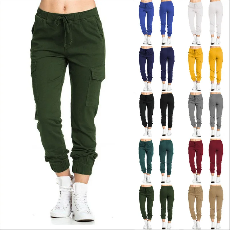 Immagine di Pantaloni Cargo da Donna con Tasche Multiple, Cotone Solido con Coulisse Elastica in Vita – Stile Streetwear Casual e Sportivo