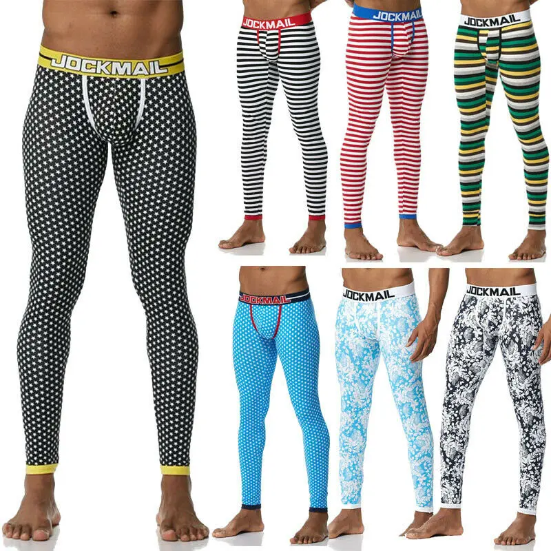 Image of Men's Thermal Underwear Pants with Rainbow Leaf Pattern and Stripe Design – Comfortable Long Johns for Cold Weather