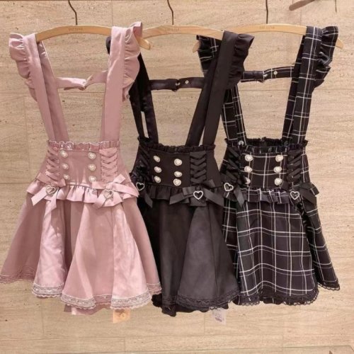 Bild von Gothic Lolita Minirock – Schwarzer Karo-Rock mit Spitze & Hosenträgern