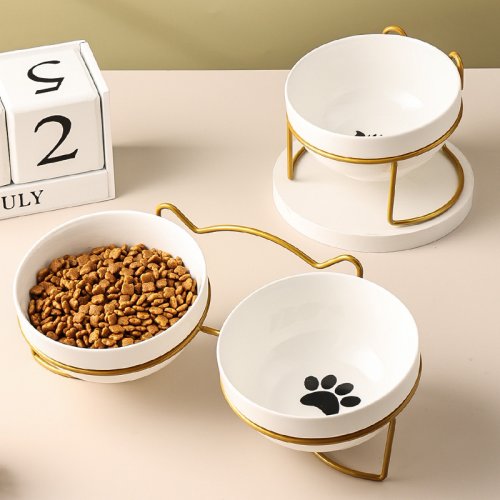 Zdjęcie 500ML Miska ceramiczna dla zwierząt domowych Miska ceramiczna dla szczeniąt Podajnik wody Dozownik karmy dla kotów z podwyższonym stojakiem Akcesoria dla kotów
