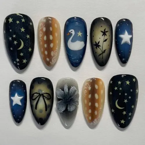 Image de Faux Ongles Y2K Noir Dégradé - Motifs Étoile, Lune & Cygne