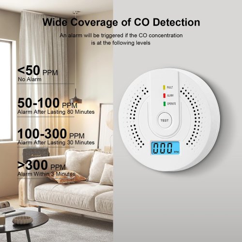 Imagen de Detector de monóxido de carbono, Monitor de Gas CO, alarma con pantalla Digital LCD, Detector de Sensor de CO alimentado por batería AA para el hogar, depósito, prueba