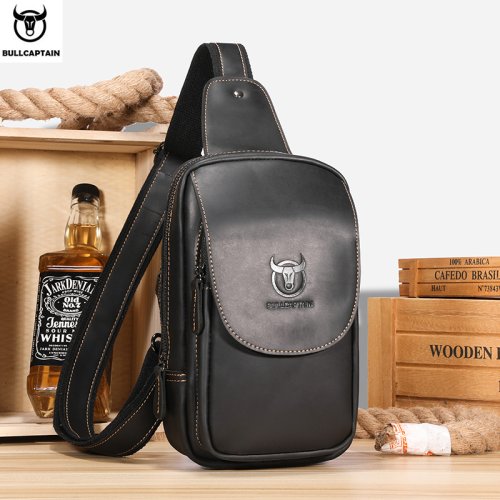 Imagen de Bolso Cruzado para Hombre de Cuero Crazy Horse, Bolso de Pecho con Cremallera, Estilo Retro, Ideal para Viajes y Uso Diario