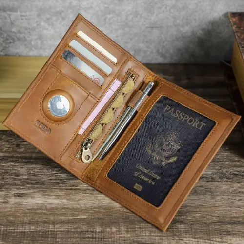 Image de Portefeuille de Voyage en Cuir avec Fente AirTag