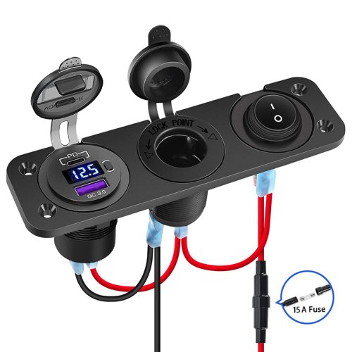 Imagen de Divisor de Encendedor de Cigarrillos 12V con USB-C PD y QC 3.0, Interruptor Basculante, Voltímetro LED y Protección Impermeable para Coche y Barco