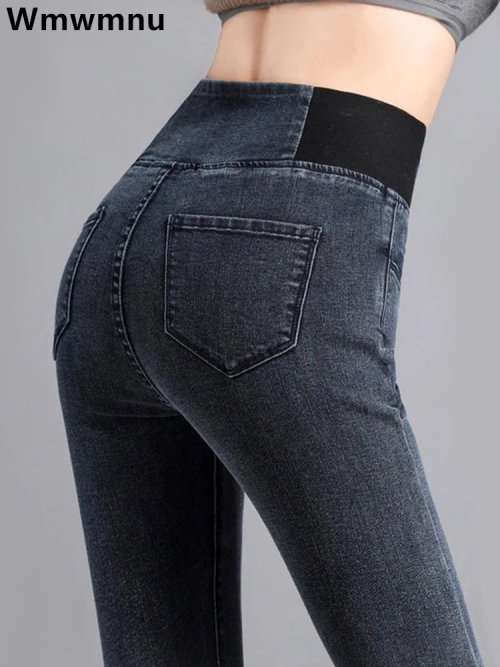 Imagen de Pantalones Vaqueros pitillo de cintura alta para mujer, Vaqueros clásicos, informales, ajustados, talla grande 38, ropa de calle, elásticos, lavados