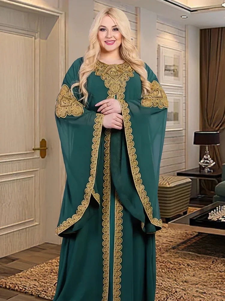 Imagen de Elegante Abaya de Encaje Dorado para Mujer - Conjunto 2 Piezas