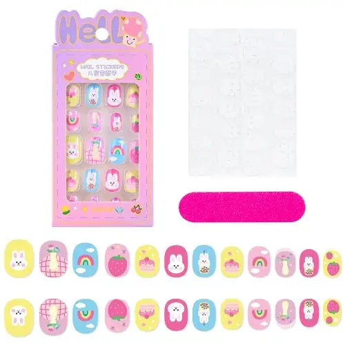 Image de Faux Ongles Kawaii pour Filles - 24 Pièces Motifs Dessin Animé