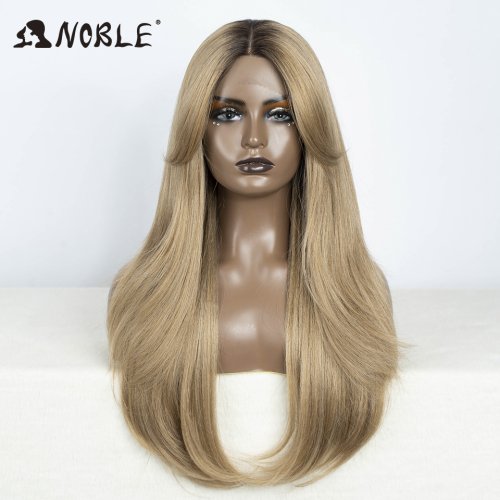 Image of Natural Looking Long Straight Ombre Blonde Lace Front Wig with Bangs - Synthetic Hair for Women, Perfect for Everyday Wear and Cosplay