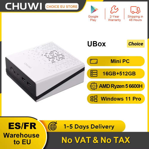 CHUWI UBox Mini PC AMD Ryzen 5 6600H 16GB DDR5 512GB SSD Windows 11 Pro 4K 240Hz Decording WiFi 6 BT 5,3 extender M.2 1T * 2 650g