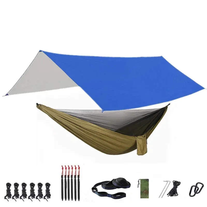 Afbeelding van Comfortabele Outdoor Hangmat met Insectennet en Regenvliegzeil – Waterdicht, UV-Beschermend, Draagbaar voor Binnen en Buiten Gebruik