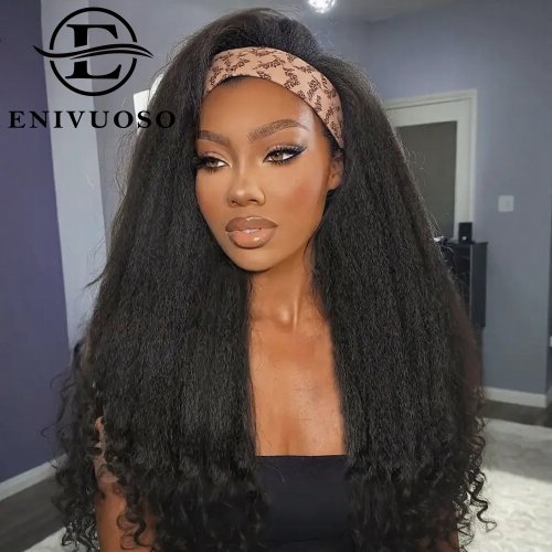 Zdjęcie Peruka z opaską afro kinkij, prosta, naturalna czarna, 22 cala, krótkie włosy syntetyczne z efektem bouncy curly dla kobiet