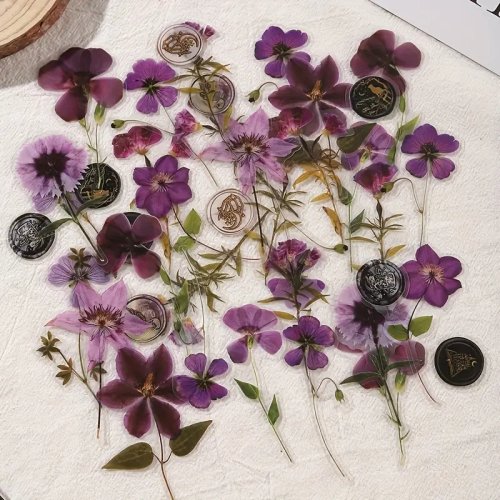 Imagen de Colección de 40 Flores Secas Decorativas Hechas a Mano - Pegatinas de PET Naturales para Álbumes de Recortes, Diarios y Manualidades Creativas