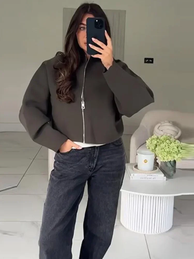 Imagen de Cárdigan Corto de Punto a la Moda para Mujer, Abrigo Holgado con Solapa y Cremallera, Prenda Informal de Manga Larga Ideal para el Trabajo 2025