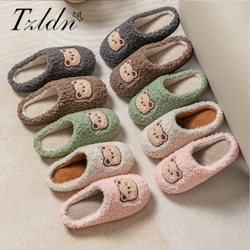 Image of Cozy Winter Men's Plush Slippers with Cartoon Bear Design – Soft Sole, Non-Slip Indoor Shoes for Home, Dormitory & Couples