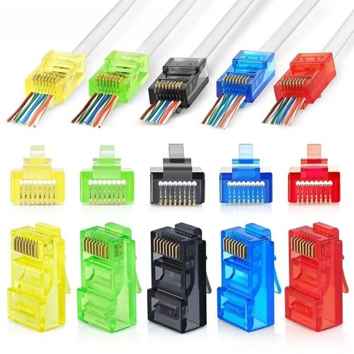 Afbeelding van 50 stuks RJ45 Cat6 Pass-Through Connectoren in Diverse Kleuren - Eenvoudig te Krimpen Modulaire Stekker voor Massieve of Gestrande UTP Netwerkkabel