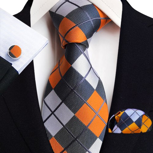 Image of Men's Orange Plaid Flower Design Novelty Tie Set with Matching Hanky and Cufflinks – Perfect for Weddings, Business Events, Parties, and Formal Occasions