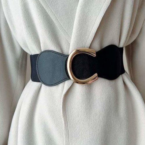 Immagine di Cintura larga elastica da donna per abito Cintura elasticizzata da donna taglie forti con fibbia grande dorata