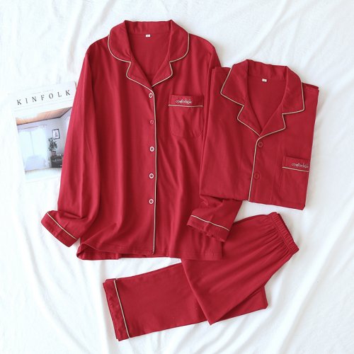 Image of Cozy Natural Cotton Knit Pajama Set for Men and Women – Long Sleeve Top and Pants, Red, Perfect for Spring and Autumn