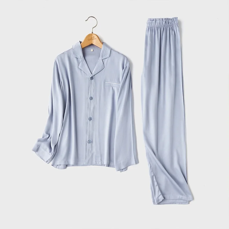 Image of Soft & Comfortable Women's Solid Color Long Sleeve Pajama Set with Matching Long Trousers Made from Breathable Cotton-Viscose Blend