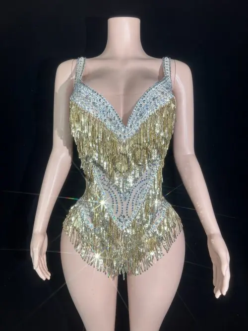 Image de Body de Danse Scintillant avec Franges et Strass