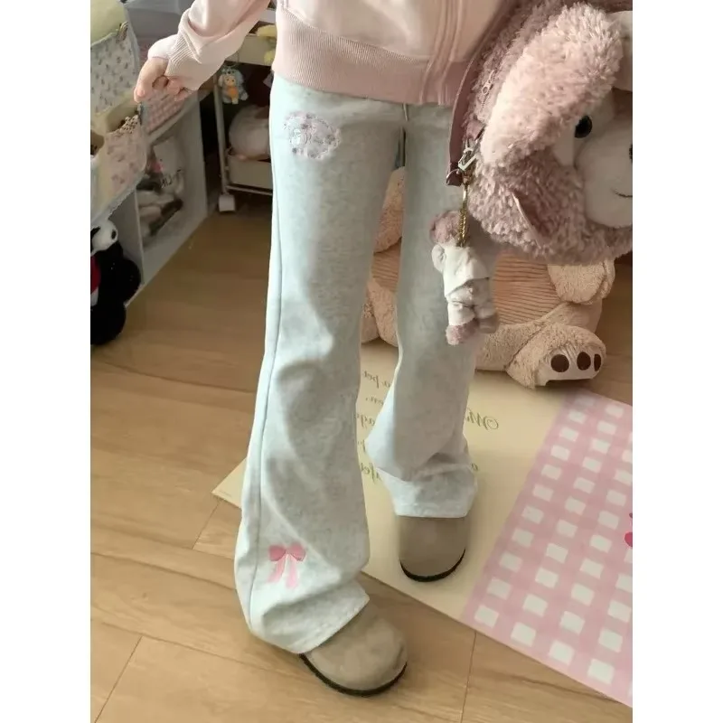Immagine di Pantaloni da Donna Vintage a Gamba Larga con Ricamo Giapponese e Fiocco – Stile Harajuku Y2K con Coulisse per Look Autunnale Casual