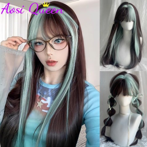 Imagen de Peluca Larga Recta con Mechas Verde Menta - Estilo Lolita