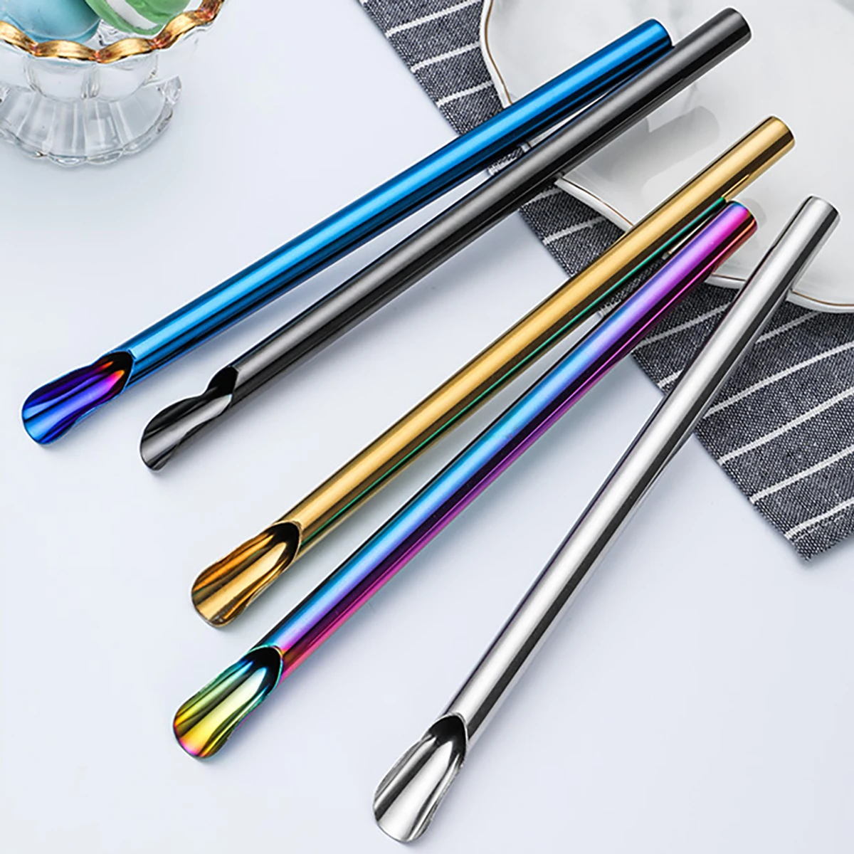 Image of Eco-Friendly Stainless Steel Straw Set with Cleaning Brush and Spoon – Reusable, Dishwasher Safe, Perfect for Bubble Tea, Smoothies & Cold Drinks