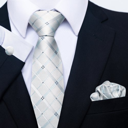 Image of Elegant 8 cm Grey Plaid Tie and Pocket Square Set – Perfect Match for Men's Suits, Ideal for Weddings and Formal Events