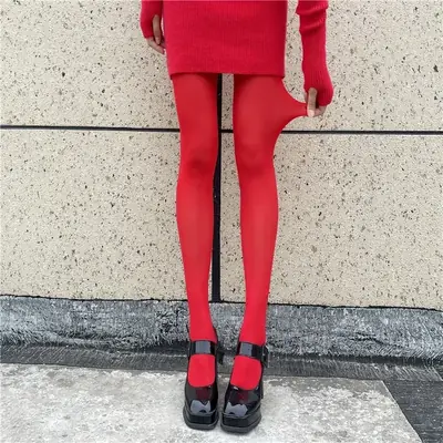 Image de Collants Rouges Sexy en Velours Soie - Anti-Crochet