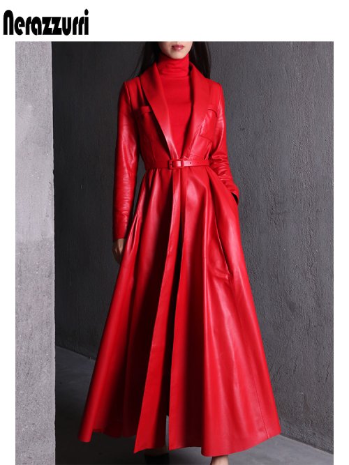 Image of Stylish Red and Black Faux Leather Trench Coat for Women – Extra Long Skirted Overcoat in Plus Sizes 5XL, 6XL, 7XL