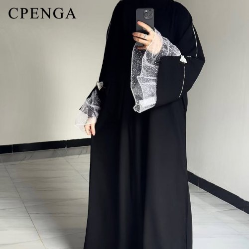 Image of Elegant Summer Black Abaya for Muslim Women – Dubai-Style Modest Dress with Lace Sleeves, Islamic Vacation Outfit 2025 Turkey Kaftan Robe