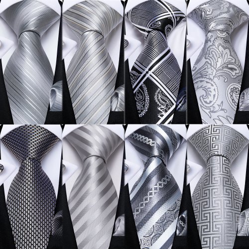 Bild von Graue Gestreifte Paisley Seidenkrawatte für Herren – Elegante Hochzeitsaccessoires mit Einstecktuch und Manschettenknöpfen, 8 cm Breite, Geschenkset für Männer