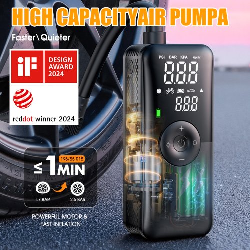 Image of Portable Digital Rechargeable Tire Inflator for Cars, Motorcycles, Bicycles, and Sports Balls – Cordless Air Compressor with LED Display and Dual Nozzle
