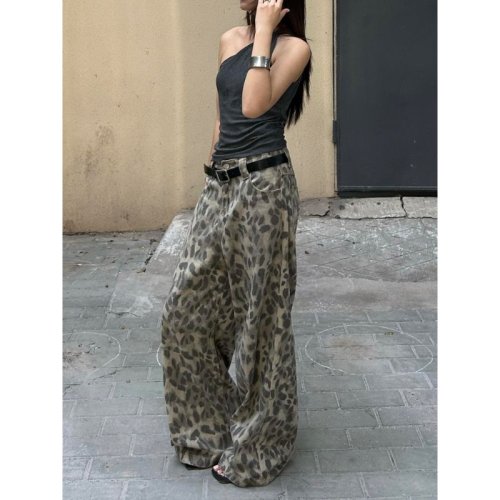Imagen de Pantalones Vaqueros de Leopardo Lavados Estilo Y2K para Mujer, Pierna Ancha Vintage con Estampado Animal, Ropa de Calle Holgada en Estilo Gyaru