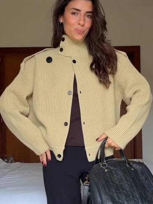 Bild von Einfarbige Damen-Strickjacke mit Stehkragen und Epauletten – Einreihiger, locker sitzender Pullover-Mantel aus weicher Strickware